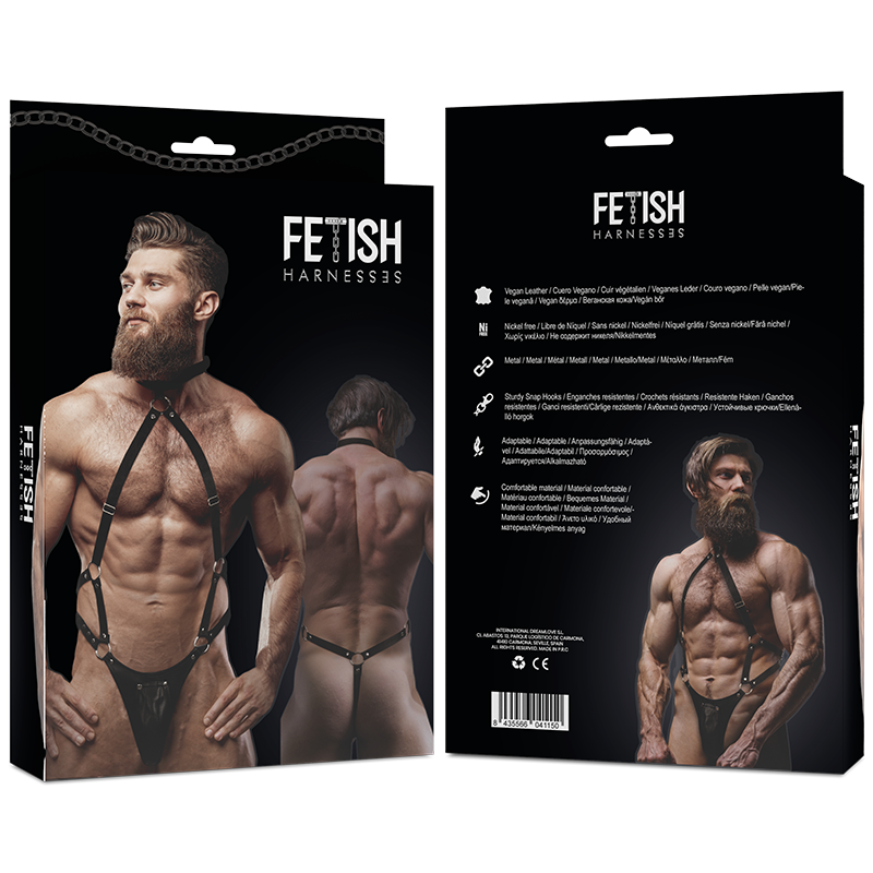 ATITUDE FETICHE SUBMISSIVA - ARNÊS DE COURO ECOLÓGICO MASCULINO COM TIRAS JOGADORAS