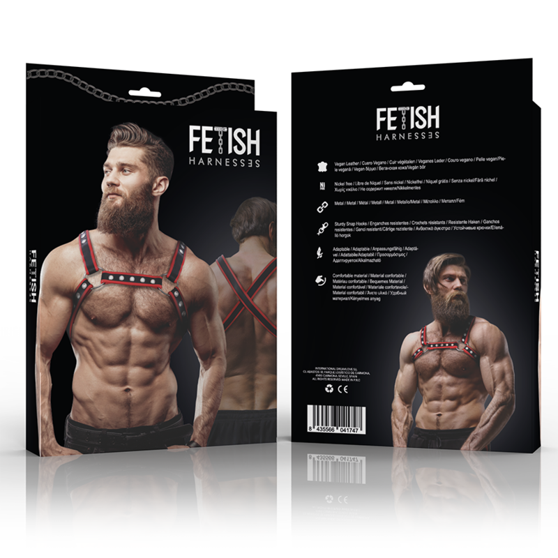 ATITUDE FETICHE SUBMISSIVA - PEITORAL BULLDOG DE COURO ECOLÓGICO MASCULINO PRETO/VERMELHO