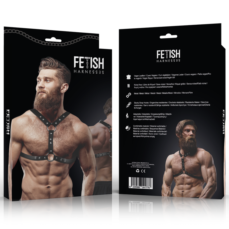 ATITUDE FETICHE SUBMISSIVA - ARNÊS DE PEITO EM COURO ECOLÓGICO COM DUPLO SUPORTE E TACHAS PARA HOMENS
