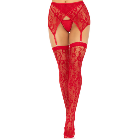 LEG AVENUE - LACE THIGH HIGHS &amp; GARTERBELT RED