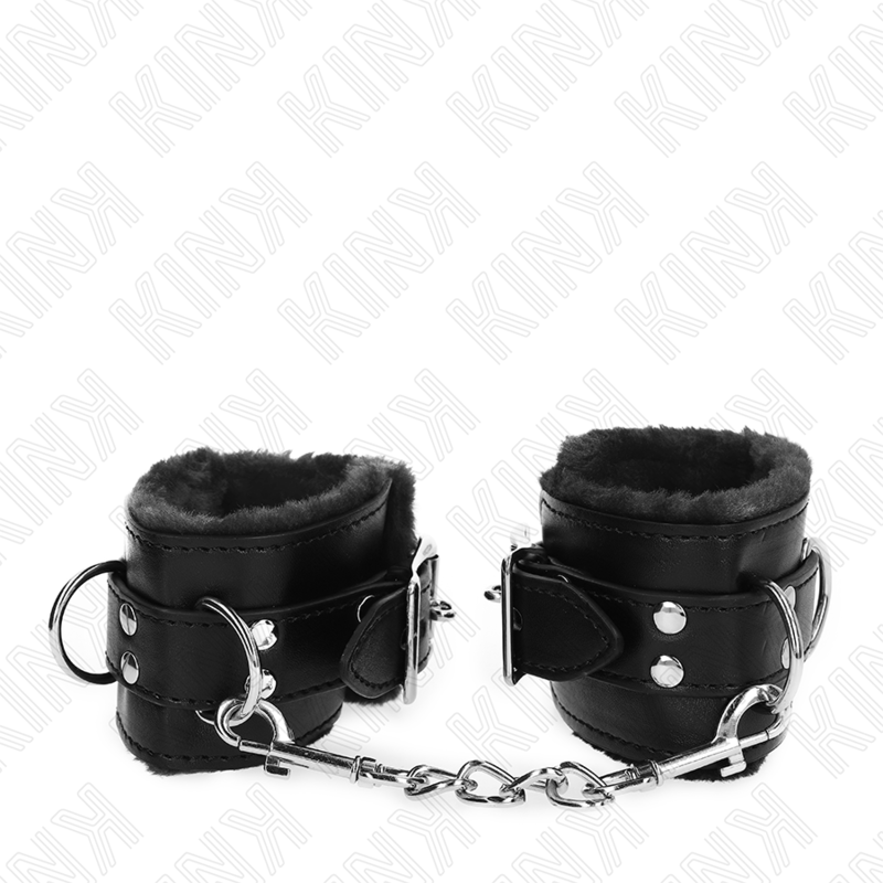 KINK - RESTRIÇÕES DE PULSO FORRADAS DE PELE PRETAS COM CINTO PRETO AJUSTÁVEL 17-29 CM X 6 CM