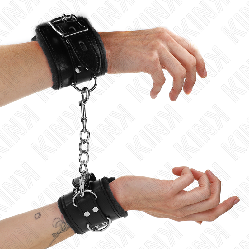 KINK - RESTRIÇÕES DE PULSO FORRADAS DE PELE PRETAS COM CINTO PRETO AJUSTÁVEL 17-29 CM X 6 CM