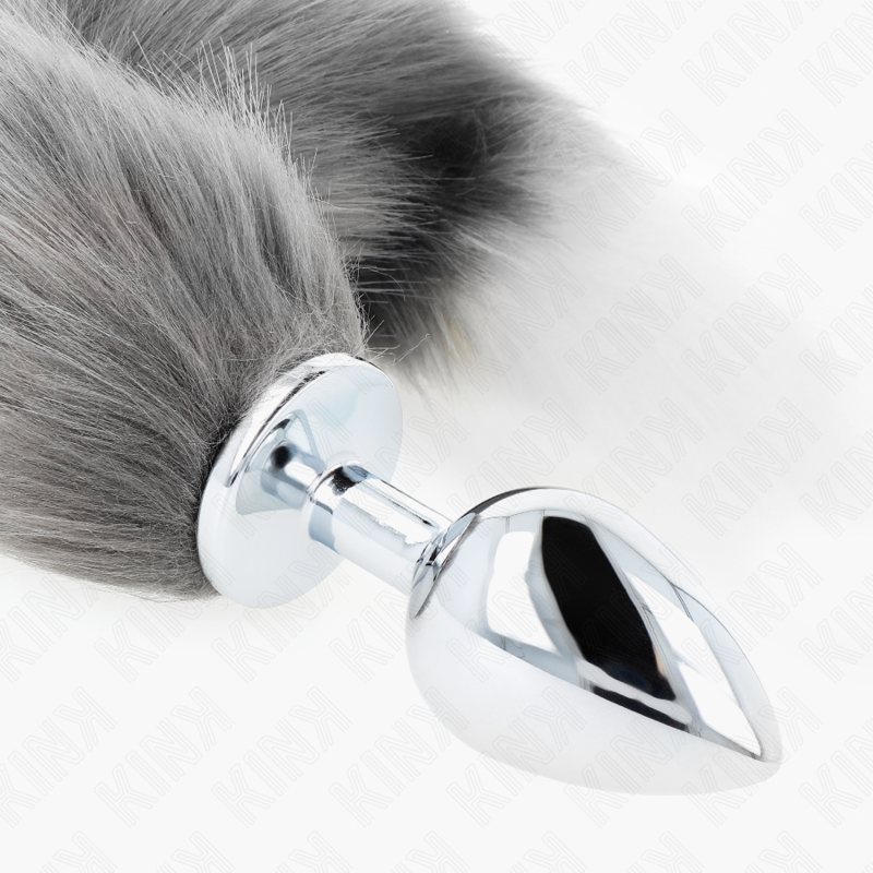 KINK - PLUG ANAL TAMANHO L 10 X 4 CM COM RABO SINTÉTICO 40 CM CINZA E BRANCO