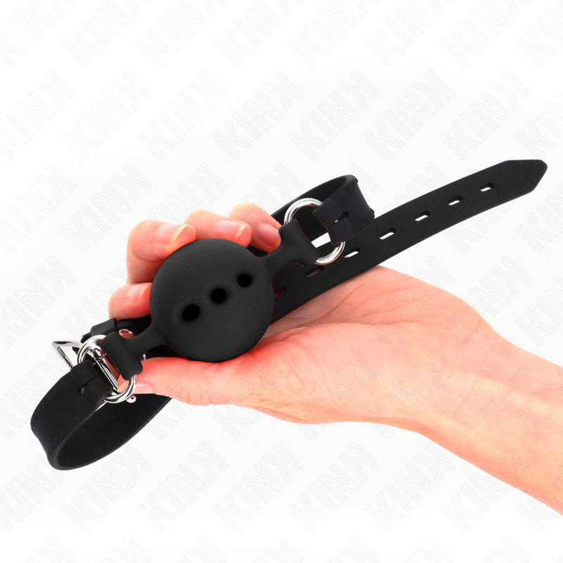 KINK - MORDAÇA DE SILICONE COMPLETA 55 x 2 CM COM BOLA DE 5 CM TAMANHO L PRETA AJUSTÁVEL 35-51 CM