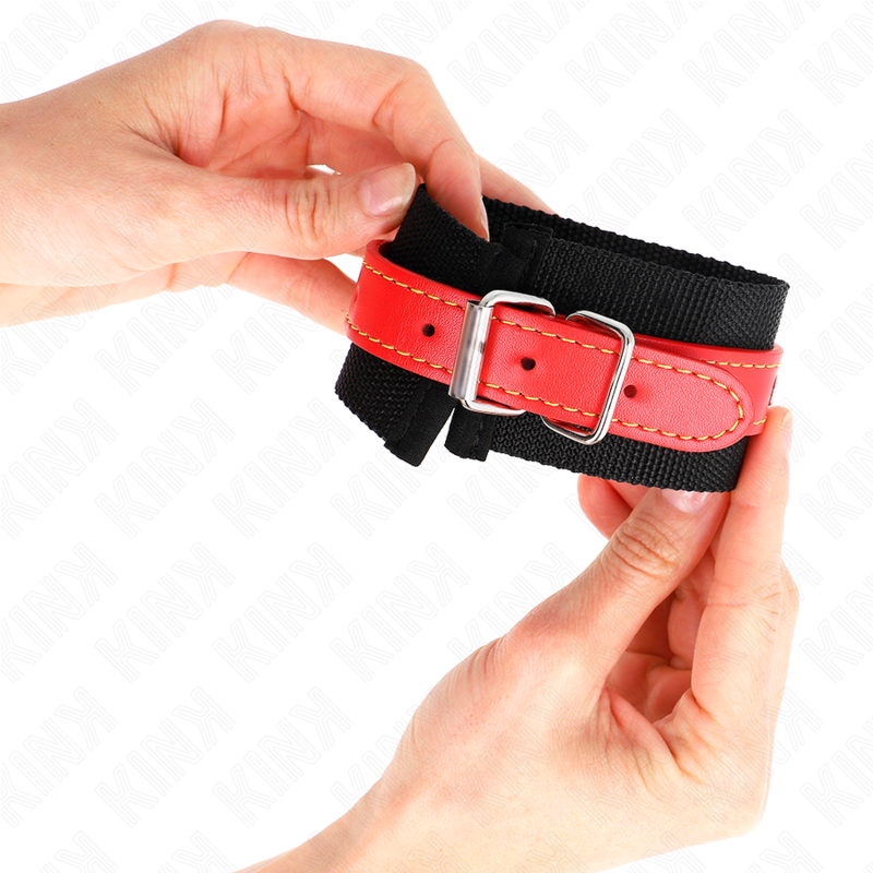 KINK - BLACK NYLON CUFFS WITH RED LEATHER ADJUSTABLE 19-24 CM X 5.5 CM