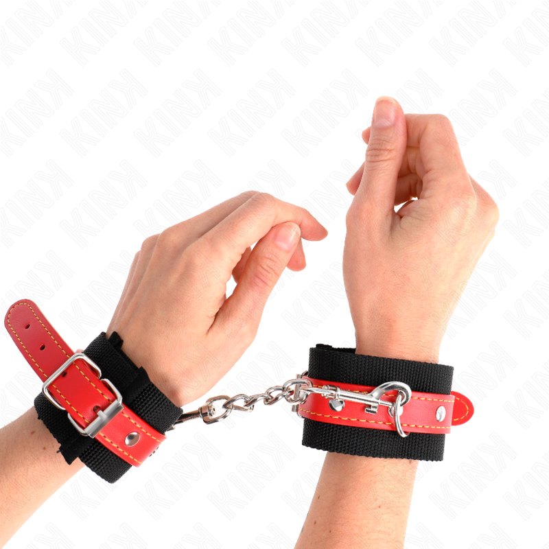 KINK - BLACK NYLON CUFFS WITH RED LEATHER ADJUSTABLE 19-24 CM X 5.5 CM