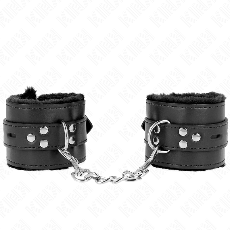KINK - PULSEIRAS FORRADAS DE PELE COM FUROS QUADRADOS PRETO E CINTO PRETO AJUSTÁVEL 17-29 CM X 6 CM