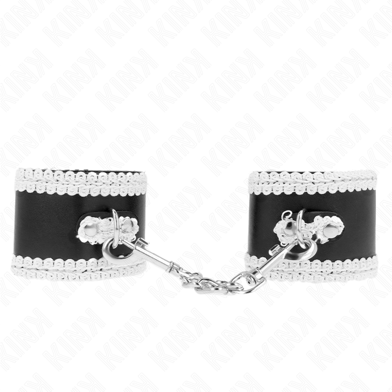 KINK - RESTRIÇÕES DE PULSO PRETAS COM RENDA DECORADA BRANCA AJUSTÁVEL 20-23 CM X 5,5 CM
