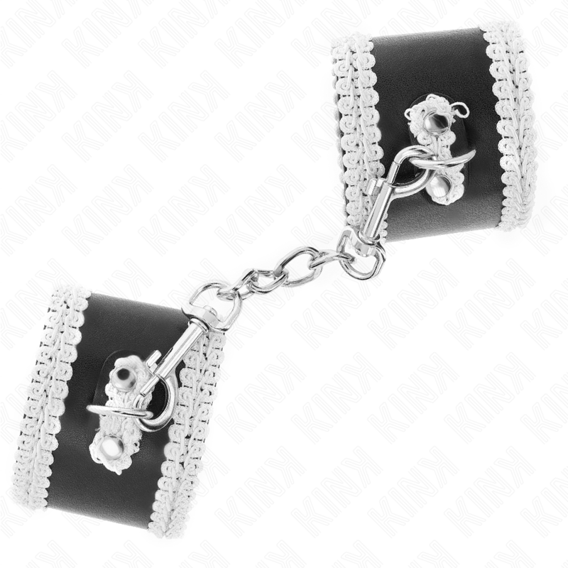 KINK - RESTRIÇÕES DE PULSO PRETAS COM RENDA DECORADA BRANCA AJUSTÁVEL 20-23 CM X 5,5 CM