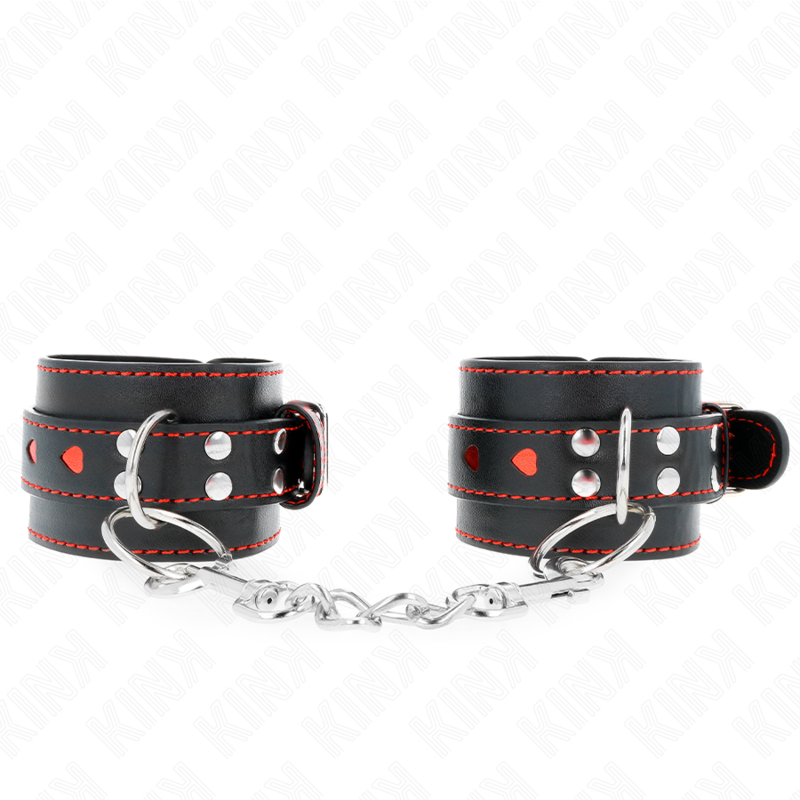 KINK - RESTRIÇÕES DE PULSO PRETAS COM INCRUSTAÇÃO DE CORAÇÃO VERMELHO AJUSTÁVEL 21-28 CM X 5,5 CM