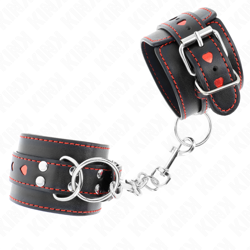 KINK - RESTRIÇÕES DE PULSO PRETAS COM INCRUSTAÇÃO DE CORAÇÃO VERMELHO AJUSTÁVEL 21-28 CM X 5,5 CM