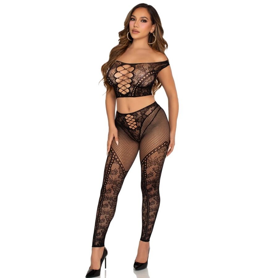 LEG AVENUE - CROP TOP Y LEGGING DE REJILLA CON HOMBROS DESCUBIERTOS NEGRO