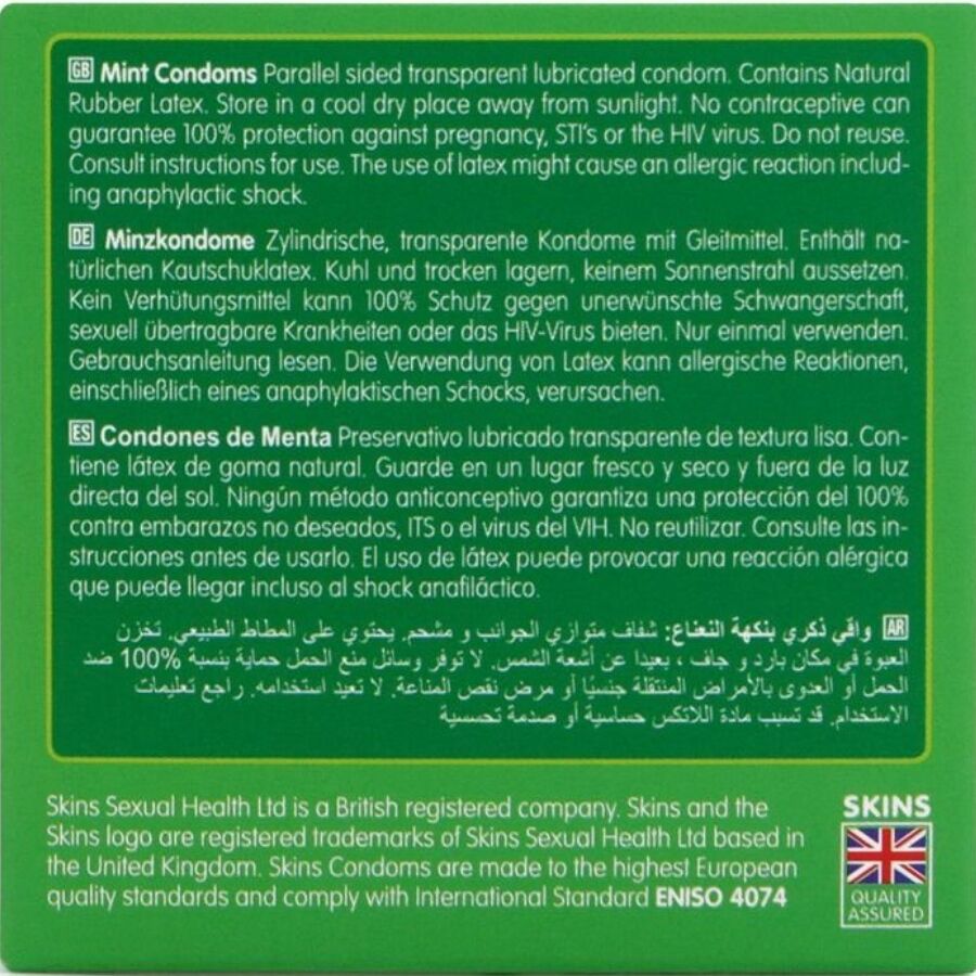 SKINS - PRESERVATIVOS PREMIUM SABOR MENTA PACK 4