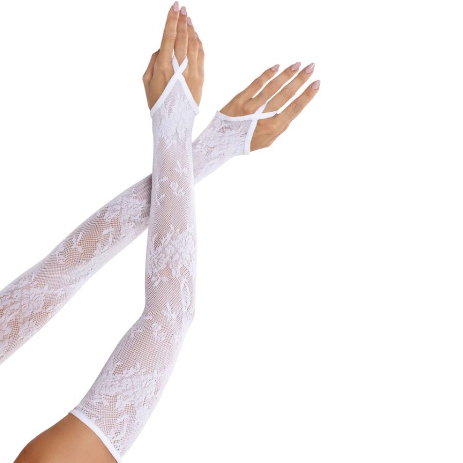 LEG AVENUE - GUANTES EXTRALARGOS CALIENTABRAZOS DE ENCAJE FLORAL BLANCO