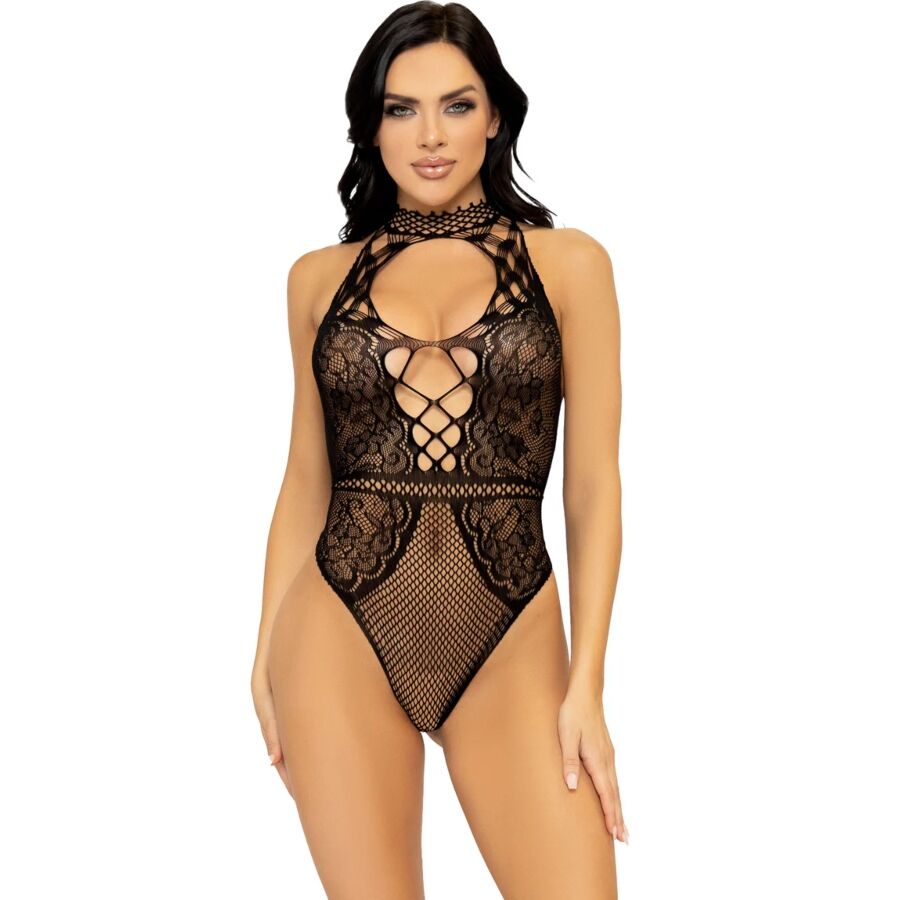 LEG AVENUE - BODY CON ESCOTE HALTER Y ABERTURA ESPALDA DE ENCAJE TALLA ÚNICA