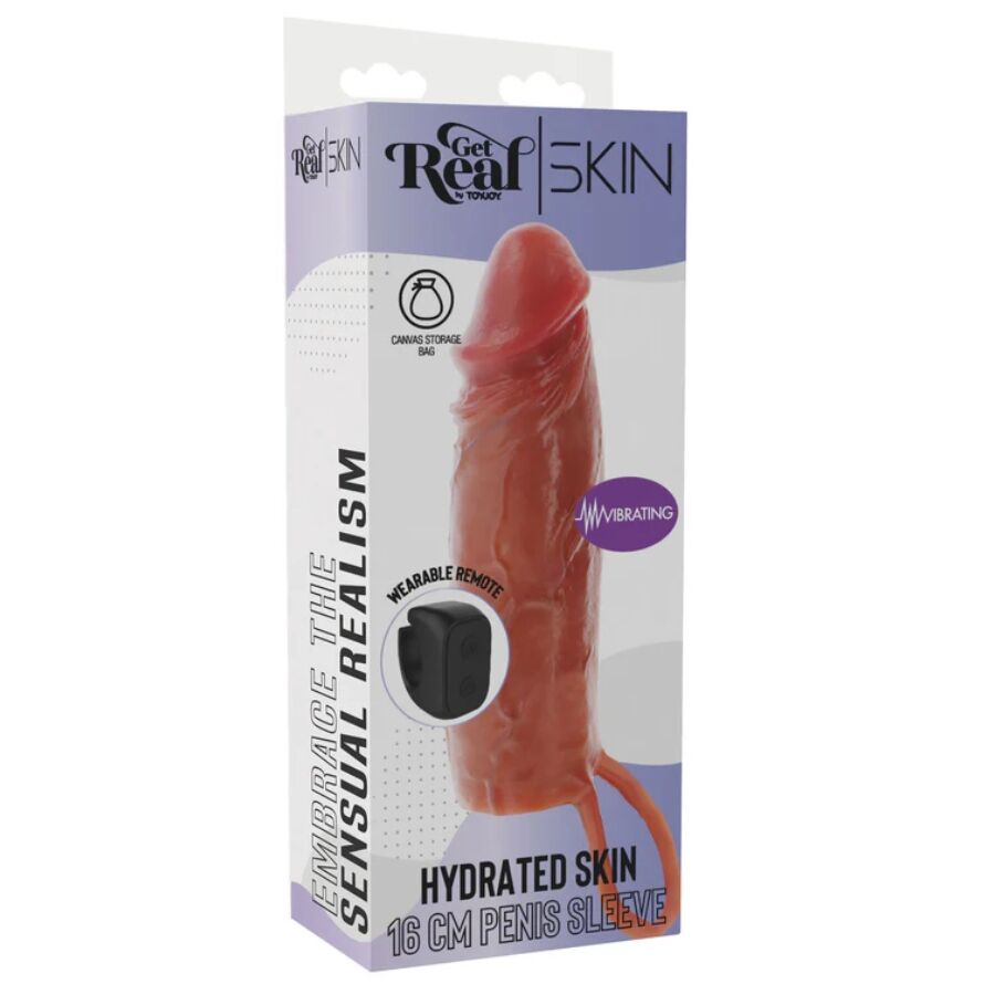 GET REAL - FUNDA HYDRATED SKIN DE SILICONA CON VIBRACIÓN PARA PENE CARAMELO 16 CM