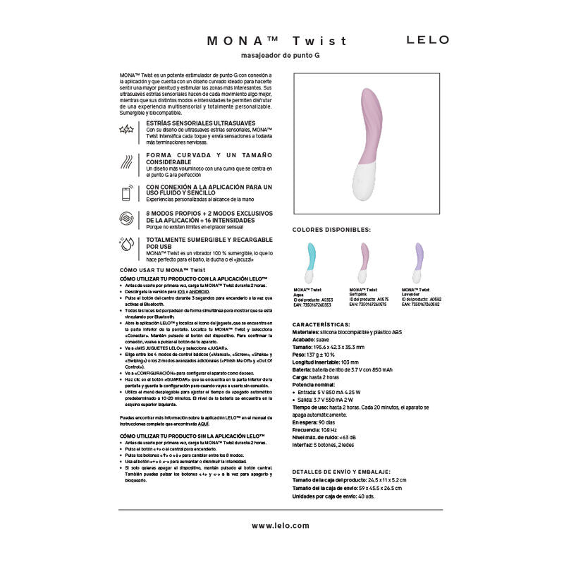 LELO - MONA TWIST VIBRADOR PARA PUNTO G RECARGABLE APP CONTROL LAVANDA TURQUESA