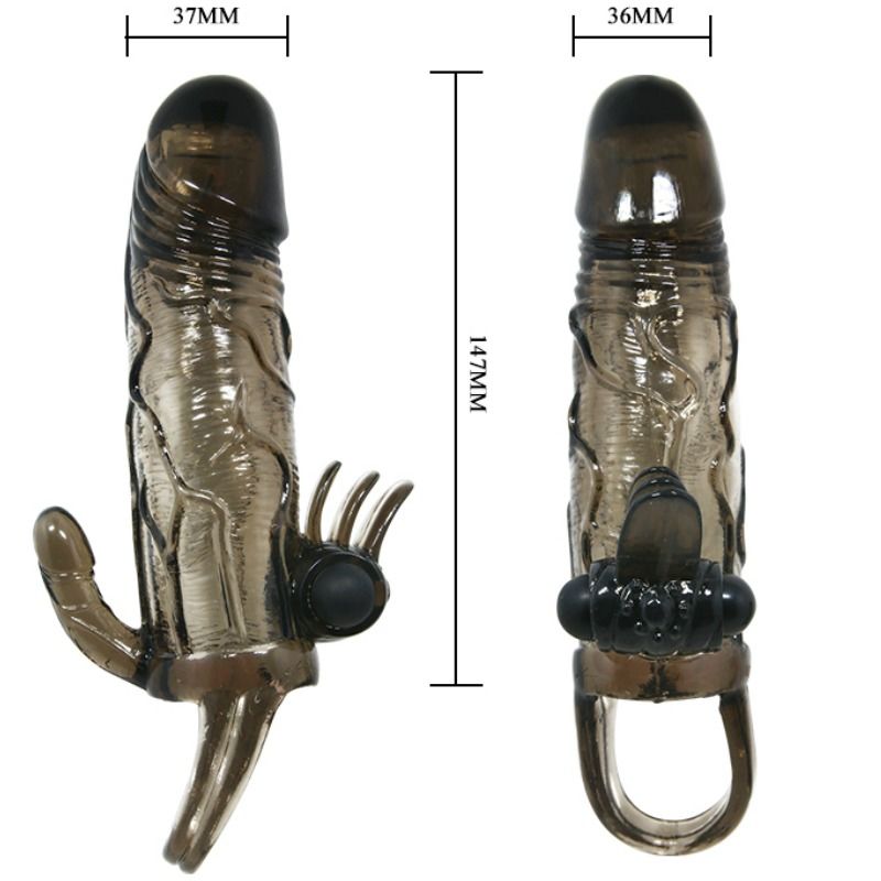 BAILE - BRAVE MAN CAPA PARA PÊNIS COM ESTIMULAÇÃO DE CLITÓRIS E ANAL BALA DUPLA PRETA 16,5 CM