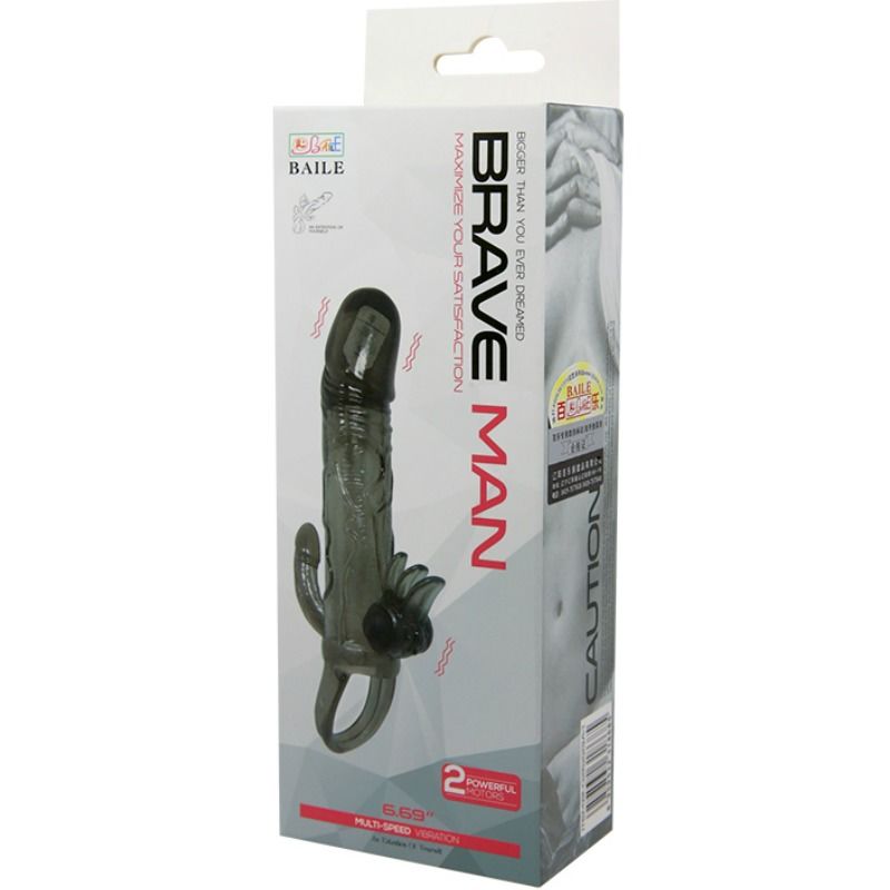 BAILE - BRAVE MAN CAPA PARA PÊNIS COM ESTIMULAÇÃO DE CLITÓRIS E ANAL BALA DUPLA PRETA 16,5 CM