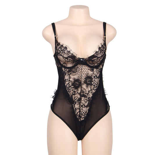 SUBBLIME - TEDDY NEGRO CON ENCAJE FLORAL Y FLECOS QUEEN PLUS