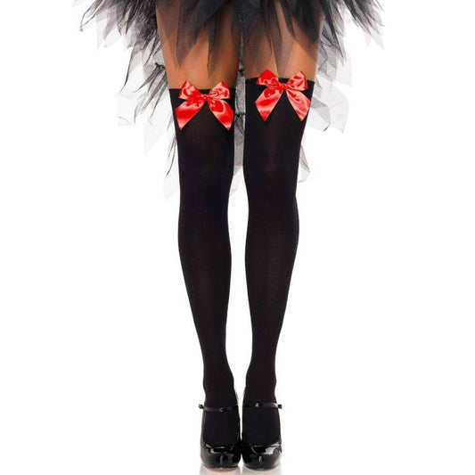 LEG AVENUE - MEIAS DE NYLON PRETAS COM LAÇO VERMELHO TAMANHO ÚNICO