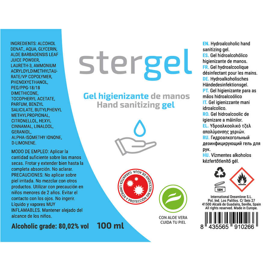STERGEL - GEL HIDROALCOÓLICO DESINFETANTE PARA AS MÃOS ALOE VERA 100ML 