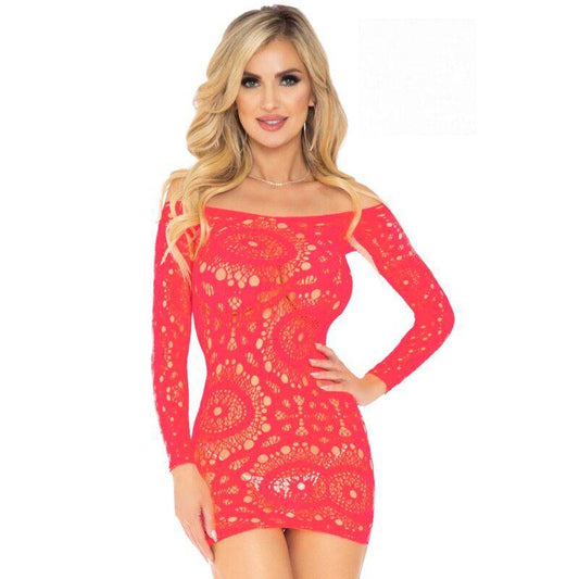 LEG AVENUE - MINI VESTIDO DE CROCHÊ COM MANGA LONGA E RENDA VERMELHO TAMANHO ÚNICO