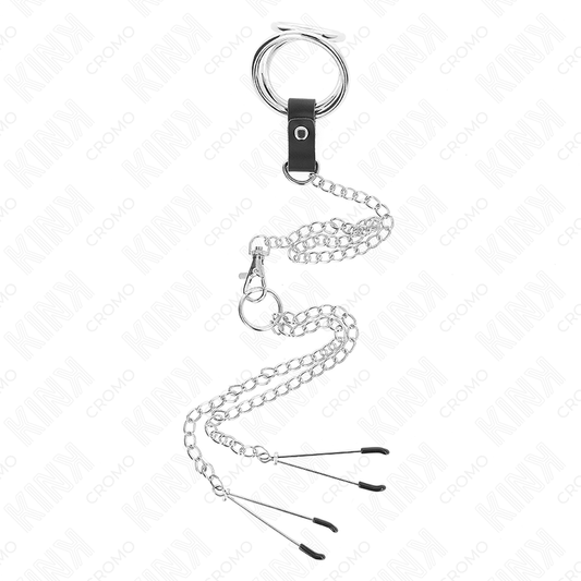 KINK - TRIPLE CHROME METAL PENIS RING 3 CM TO 4.5 CM WITH 26 CM METAL CHAIN AND NIPPLE CLIPS - Toys "n" Us