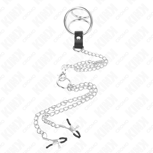 KINK - TRIPLE CHROME METAL PENIS RING 3.8 CM TO 5 CM WITH 26 CM METAL CHAIN AND NIPPLE CLAMPS MODEL 1 - Toys "n" Us