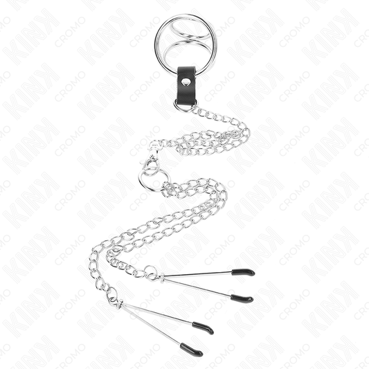 KINK - TRIPLE CHROME METAL PENIS RING 3.8 CM TO 5 CM WITH 26 CM METAL CHAIN AND NIPPLE CLAMPS MODEL 2 - Toys "n" Us