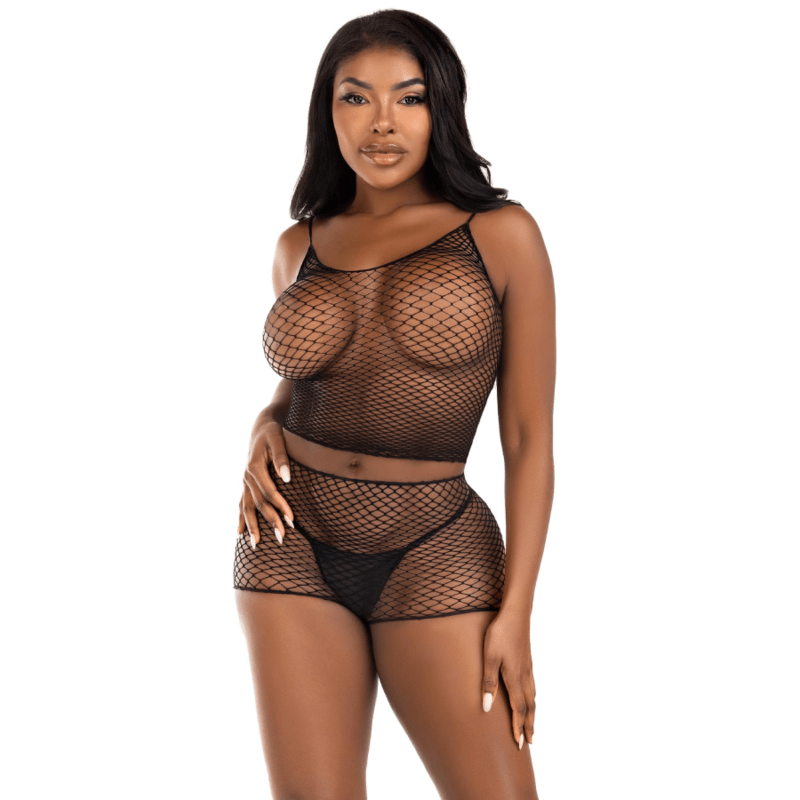 LEG AVENUE - CONJUNTO T - SHIRT E CALÇAS FISHNET PRETO - Toys "n" Us