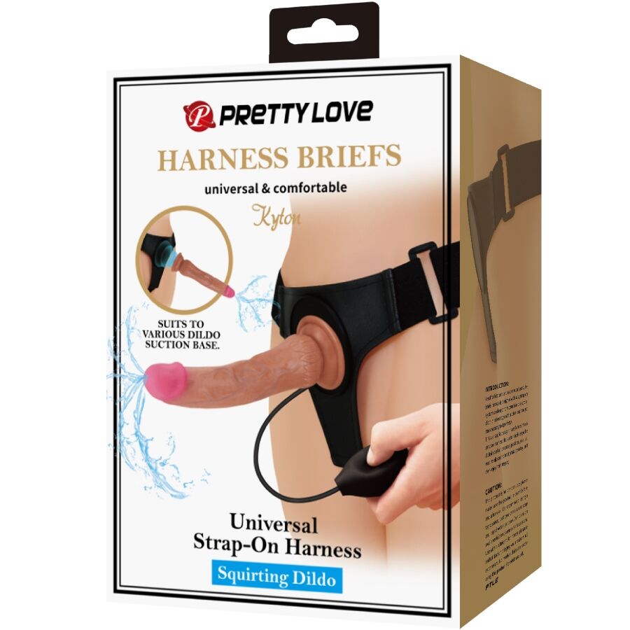 PRETTY LOVE - KYTON UNIVERSAL HARNESS BRIEFS WITH SQUIRTING DILDO 19 CM MULATO - Toys "n" Us