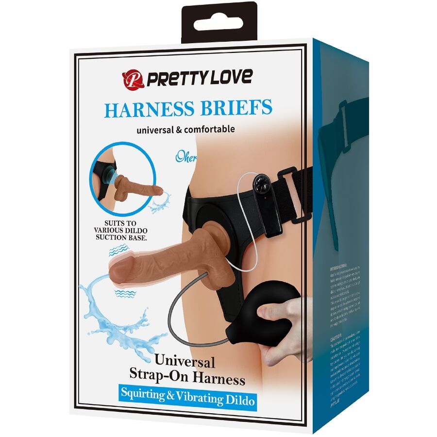 PRETTY LOVE - UNIVERSAL HARNESS BRIEFS WITH VIBRATING AND SQUIRTING DILDO 15.5 CM MULATO - Toys "n" Us
