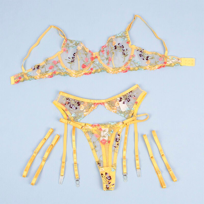 SUBBLIME - 954345 BRA + THONG + GARTER BELT FLORAL DESIGN YELLOW S/M - Toys "n" Us