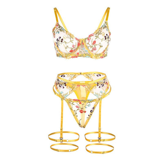 SUBBLIME - 954345 BRA + THONG + GARTER BELT FLORAL DESIGN YELLOW S/M - Toys "n" Us