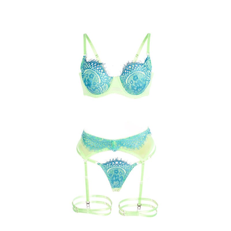SUBBLIME - 955311 SET OF BRA WITH LACE AND GARTER LINES GREEN AND BLUE S/M - Toys "n" Us