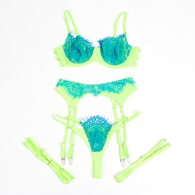 SUBBLIME - 955328 BRA SET WITH LACE AND GARTER LINES GREEN AND BLUE L/XL - Toys "n" Us